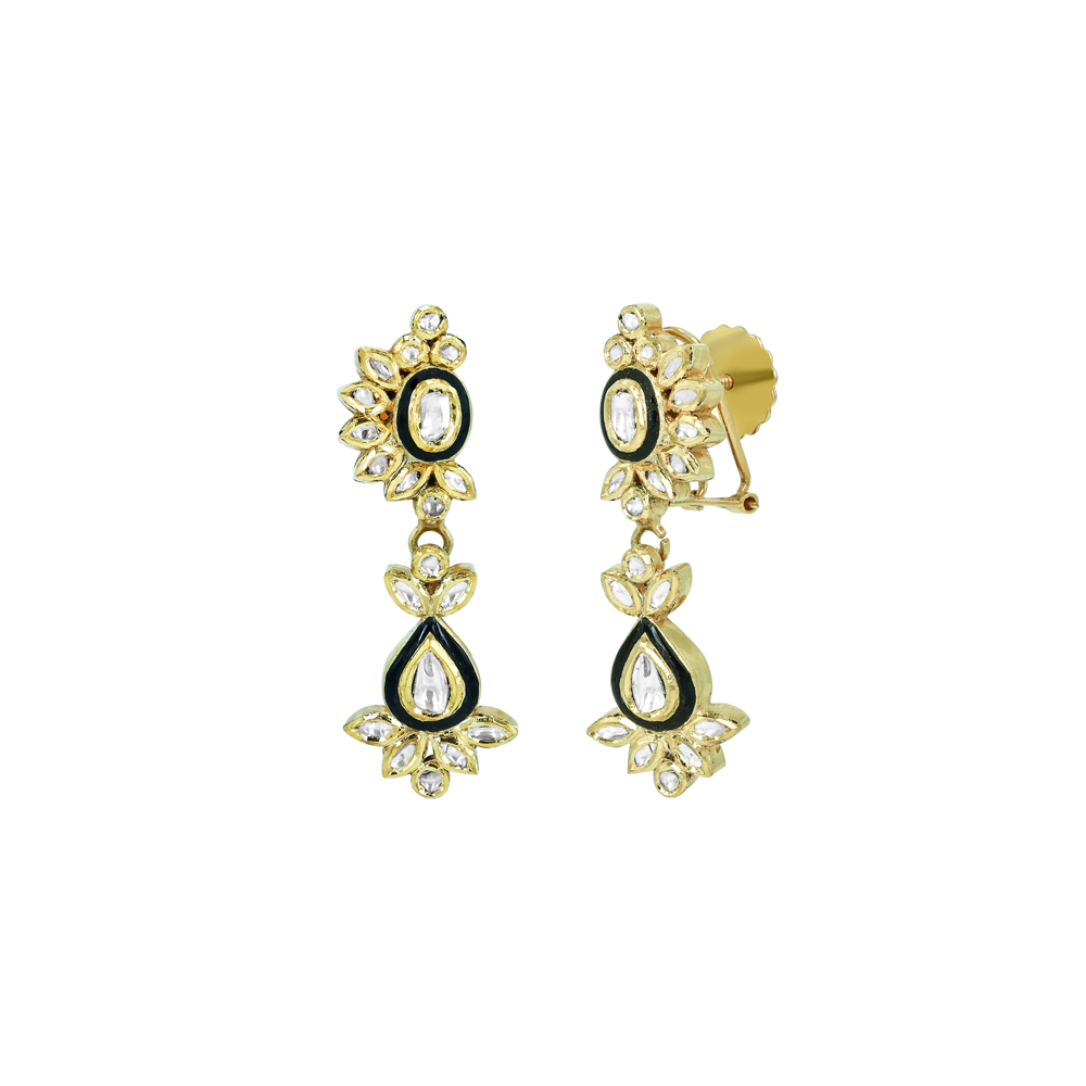 Polki Earrings with Black Meena and Teardrop Polki